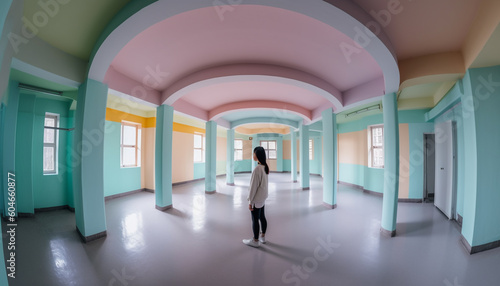 One woman walking through modern hospital corridor, surrounded by loneliness generated by AI