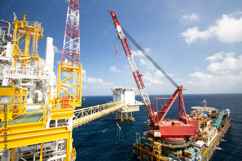 The installation oil and gas platform project in the gulf or the sea by crane barge. The project was support oil and gas industry. The heavy lift was performed by high technical and engineering.