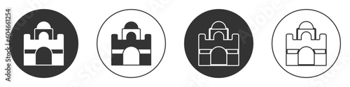 Black Egyptian house icon isolated on white background. Circle button. Vector