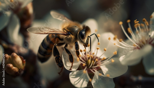 A busy bee collecting pollen from a single yellow flower generated by AI