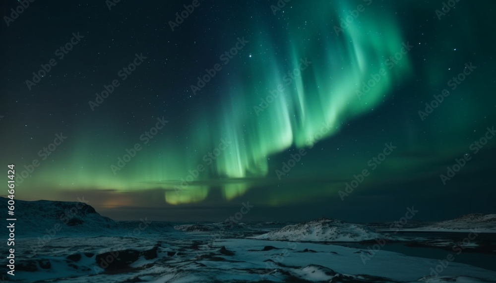 Tranquil arctic landscape illuminated by majestic aurora and glowing stars generated by AI