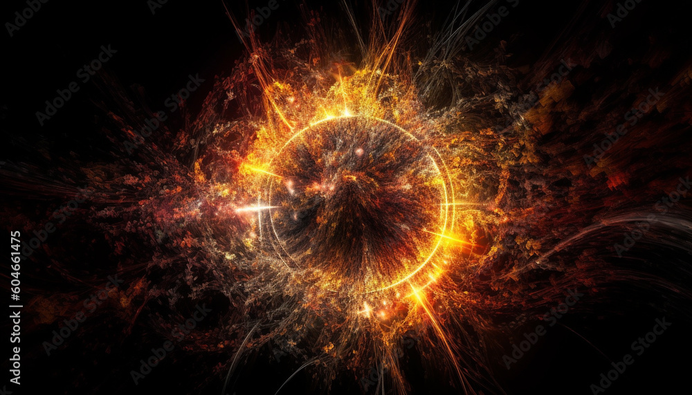 Explosive fractal galaxy ignites abstract space with glowing flames generated by AI Explosive fractal galaxy ignites abstract space with glowing flames generated by AI