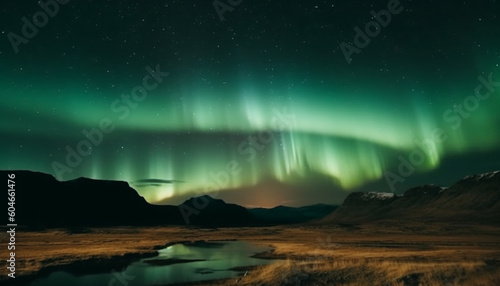 Majestic mountain range illuminated by glowing star trail in winter generated by AI