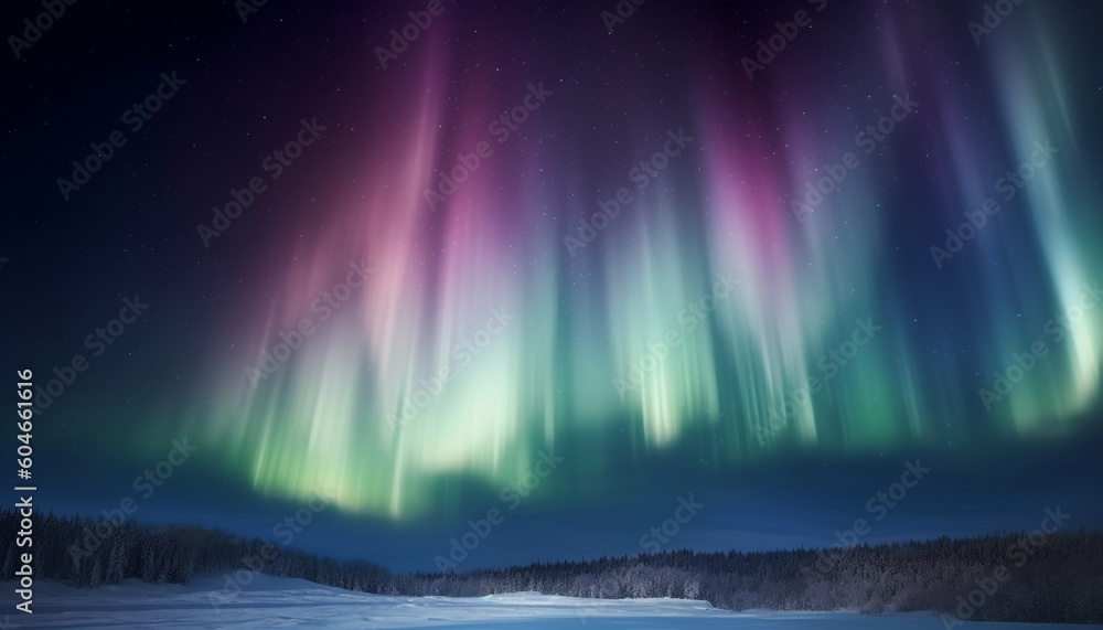 Tranquil winter night illuminated by majestic aurora polaris mystery generated by AI