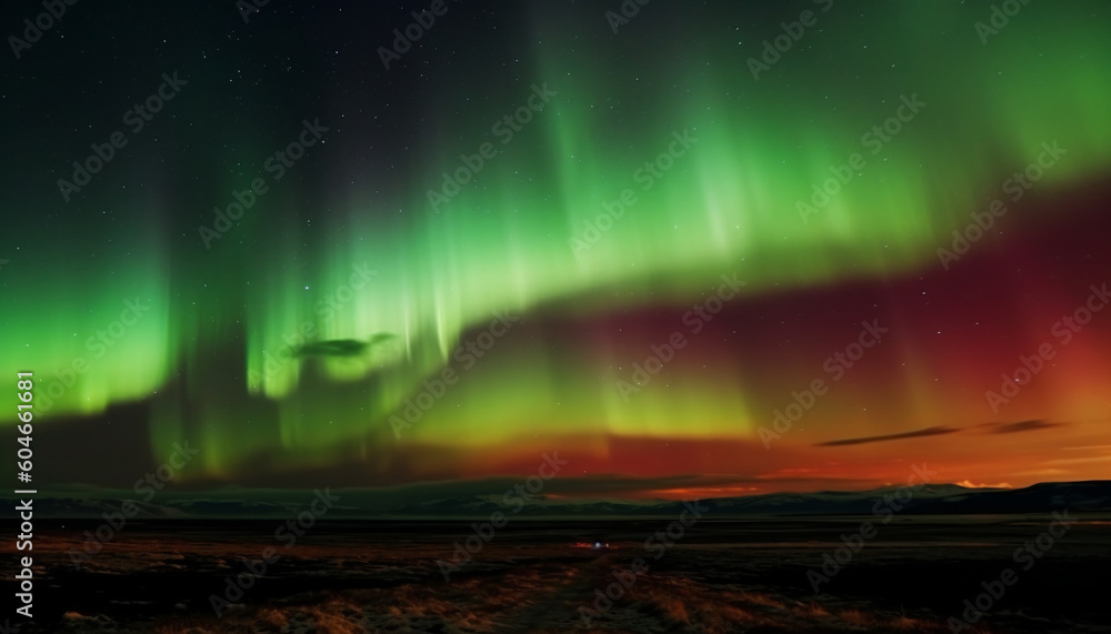Night sky illuminated by vibrant aurora polaris, a majestic adventure generated by AI