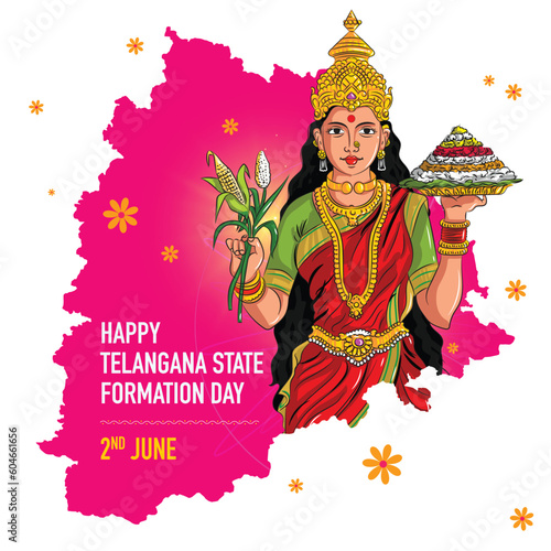 vector illustration ofTelangana Formation Day. telangana thalli and telangana map with flowers around