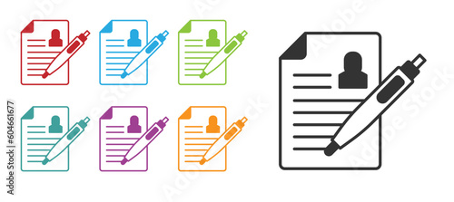 Black Resume icon isolated on white background. CV application. Searching professional staff. Analyzing personnel resume. Set icons colorful. Vector