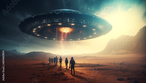 Fototapeta Naklejka Na Ścianę i Meble -  Futuristic spaceship orbits glowing planet in mysterious galaxy landscape generated by AI