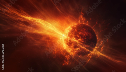 Exploding sphere of fire orbits glowing nebula in futuristic galaxy generated by AI