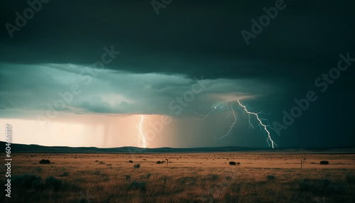 Dramatic sky with forked lightning strikes over rural landscape generated by AI