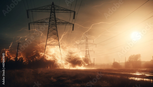 Sunset silhouette of electricity pylon in nature power supply grid generated by AI
