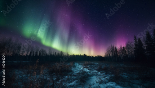 Night sky illuminated by starry aurora over majestic mountain range generated by AI © Stockgiu