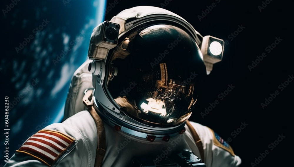 The futuristic astronaut in blue space suit explores the galaxy generated by AI The futuristic astronaut in blue space suit explores the galaxy generated by AI