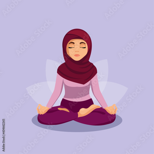 Muslim woman wearing hijab practice yoga. Meditation in lotus pose. Flat vector cartoon illustration