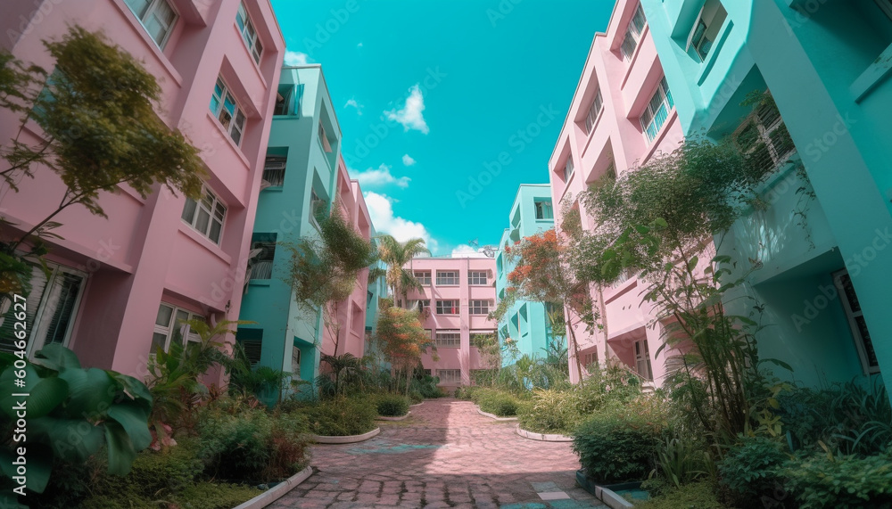 The ancient staircase leads to the famous building colorful facade generated by AI The ancient staircase leads to the famous building colorful facade generated by AI
