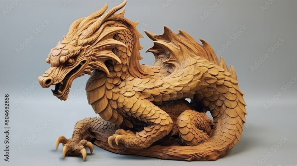 A statuette with a wooden dragon. The symbol of the year 2024 according to the Chinese calendar. A mystical animal in the horoscope. A statuette with a wooden dragon. The symbol of the year 2024 according to the Chinese calendar. A mystical animal in the horoscope.