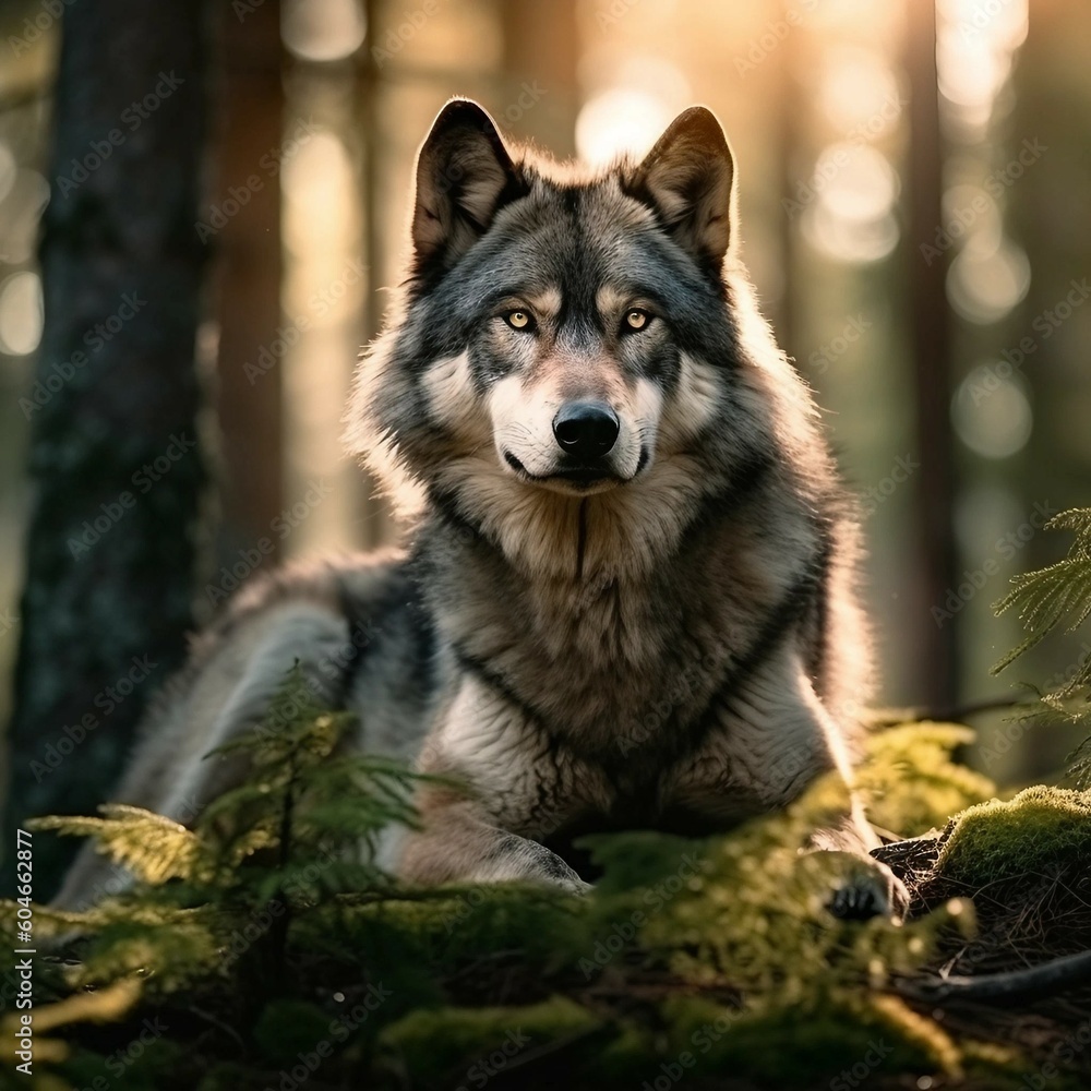 Beautiful wolf sitting on the grass in the forest. The sun is behind the wolf. Coniferous forest.