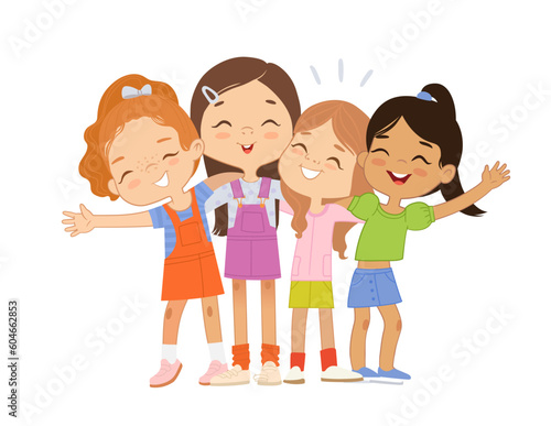 Happy multi ethnic multi aged girls hug. Girls happily hug and smile. School girls together. Best Friends Girls Selfie