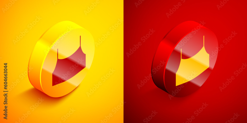 Isometric Female crop top icon isolated on orange and red background. Undershirt. Circle button. Vector Isometric Female crop top icon isolated on orange and red background. Undershirt. Circle button. Vector