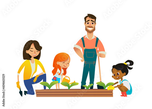 Parents and kids engaged in gardening in the backyard. Girl watering flowers in the garden. Eco concept. Montessori education concept. Organic gardening. Vector illustration.