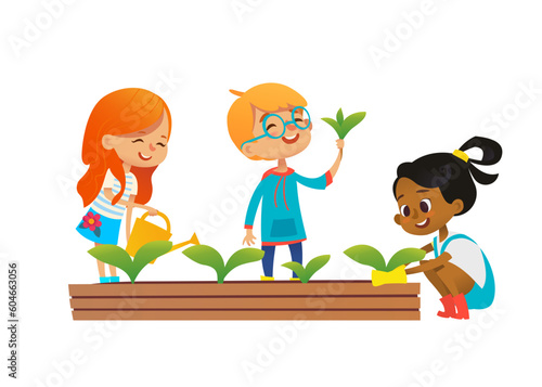 Multicultural boy and girls engaged in gardening in the backyard. Girls watering and planting flowers in the garden. Eco concept. Montessori education concept. Organic gardening. Vector illustration.