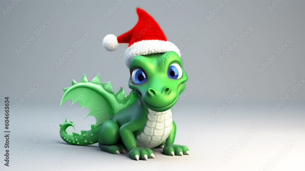A little green dragon is smiling in a red Santa Claus hat. The symbol of the new year 2024, the holiday of Christmas. Calendar. Banner, copy space. A little green dragon is smiling in a red Santa Claus hat. The symbol of the new year 2024, the holiday of Christmas. Calendar. Banner, copy space.