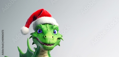 The head of a green dragon in a red Santa Claus hat with blue eyes. The year 2024 is a symbol according to the Chinese calendar. Christmas. Copy space. Banner. © Надежда Д