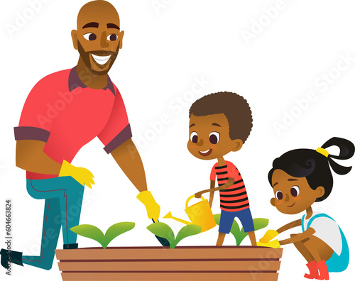 Black American boy, girl and father engaged in gardening in the backyard. School children watering and planting plants and flowers in the garden. Eco concept. Organic gardening. Vector illustration.
