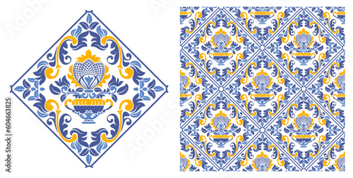 Azulejo mosaic tiles, square patterns with floral motifs, in blue and white colors. Mediterranean, Portuguese, Spanish traditional vintage ceramic tilework. Arabesque ornament with flowers. Vector