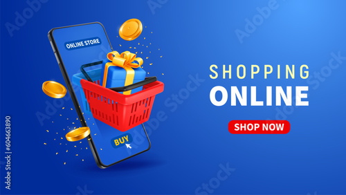 Shopping basket, gift and golden coins fly out from mobile phone screen, on blue background. Conceptual design for shopping online, advertising of sale, discounts etc. Vector 3d illustration