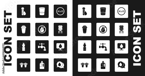 Set Chemical formula for H2O, Water drop forbidden, filter cartridge, Test tube with water, cooler, Glass, location and Bottle of icon. Vector