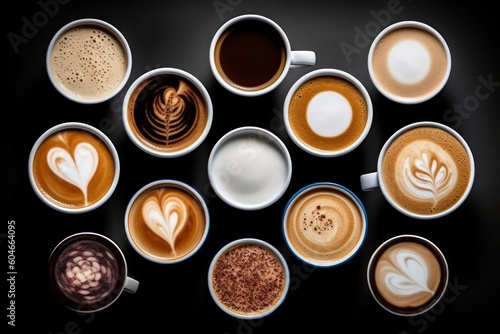 Generative AI collection mix a cup cappuccino latte more motive top view Food Photography