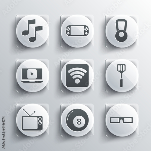 Set Billiard pool snooker ball, Cinema glasses, Spatula, Wi-Fi wireless internet network, Retro tv, Online play video, Music note, tone and Kettlebell icon. Vector