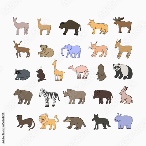 Fototapeta Naklejka Na Ścianę i Meble -  Vector isolated illustration of a set of different animals. Outlined animals.