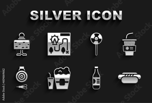 Set Popcorn in box and glass, Paper with water, Hotdog, Bottle of, Classic dart board arrow, Lollipop, Magic ball on table and Amusement park map icon. Vector
