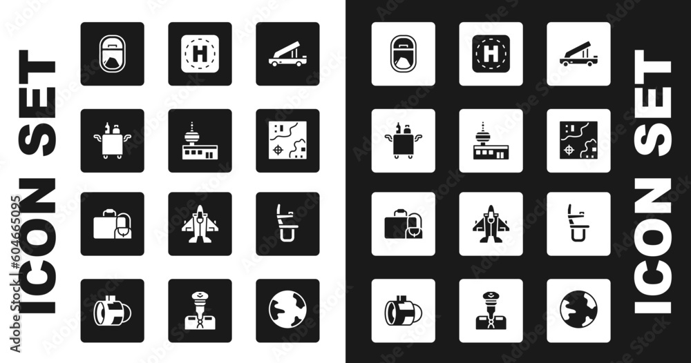 Set Passenger ladder, Airport control tower, Trolley for food, Airplane window, World travel map, Helicopter landing pad, seat and Suitcase icon. Vector Set Passenger ladder, Airport control tower, Trolley for food, Airplane window, World travel map, Helicopter landing pad, seat and Suitcase icon. Vector