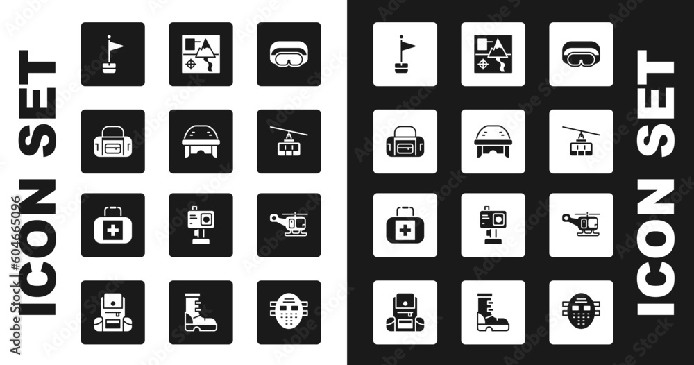 Set Ski goggles, Hockey helmet, Sport bag, Location marker, Cable car, Folded map, Rescue helicopter and First aid kit icon. Vector Set Ski goggles, Hockey helmet, Sport bag, Location marker, Cable car, Folded map, Rescue helicopter and First aid kit icon. Vector