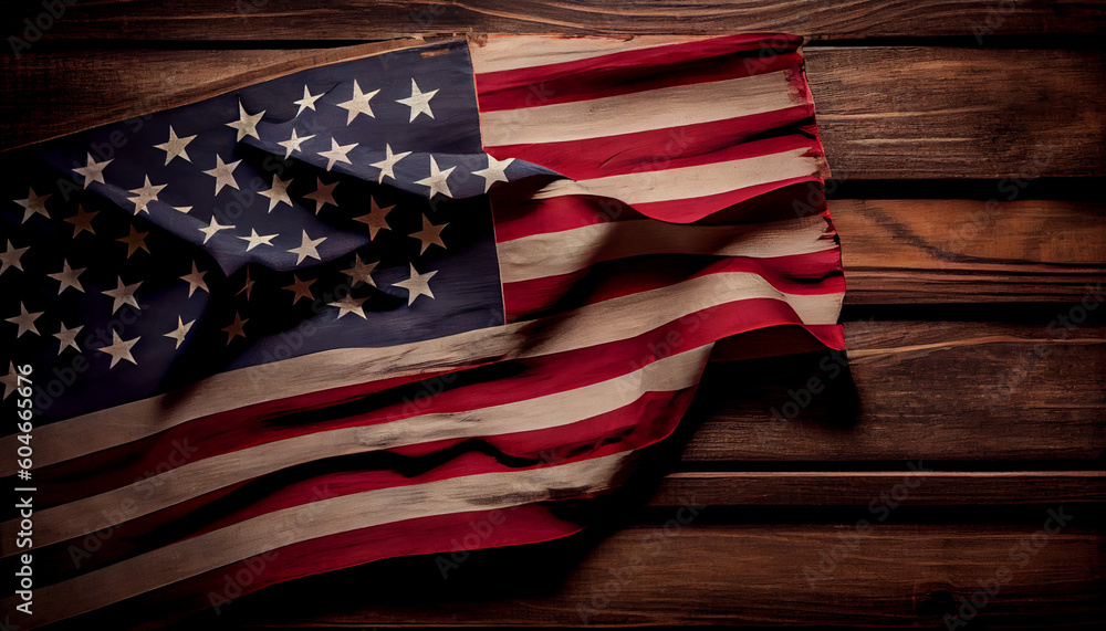 Fototapeta premium top view of american flag on wood with copy space Ai generated image
