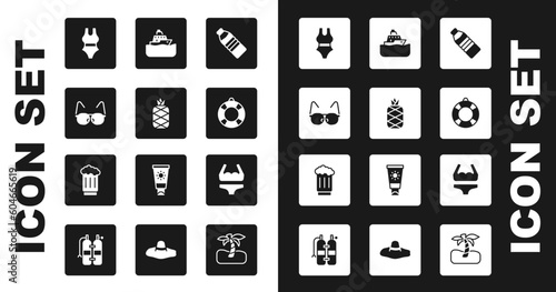 Set Bottle of water, Pineapple, Glasses, Swimsuit, Lifebuoy, Cruise ship, and Wooden beer mug icon. Vector