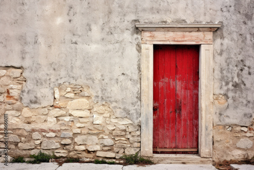 A red door on a white stone building adds a pop of color. the beauty and charm of architectural details. Generative AI Technology.