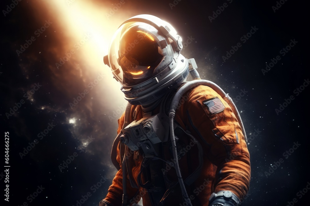 An astronaut with an orange mask and a light reflected on it, in the style of realistic portrayal. Generative AI. An astronaut with an orange mask and a light reflected on it, in the style of realistic portrayal. Generative AI.