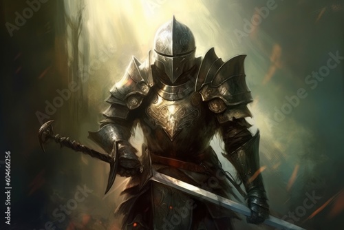 An image of a knight holding a sword, in the style of speedpainting. Generative AI.