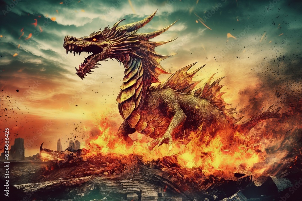 A dragon surrounded by fire and fires, in the style of historical genre. Generative AI. A dragon surrounded by fire and fires, in the style of historical genre. Generative AI.