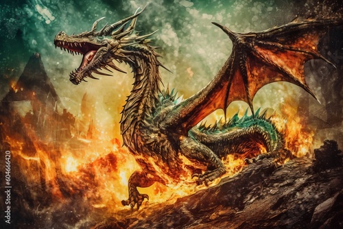 A fierce dragon is fighting around a fire background, in the style of 8k. Generative AI. © YULIIA