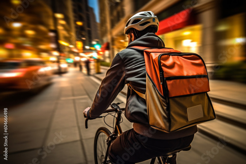 Urban delivery concept. Dynamic and energetic scene of a food delivery worker on a bicycle  perfect for food delivery or city lifestyle themes. Generative AI Technology.