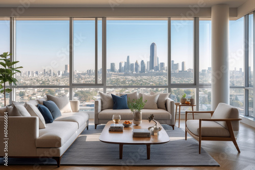 Luxury living at its finest. The modern design  panoramic windows  and stunning view of the cityscape create an unparalleled ambiance of opulence. Generative AI Technology.