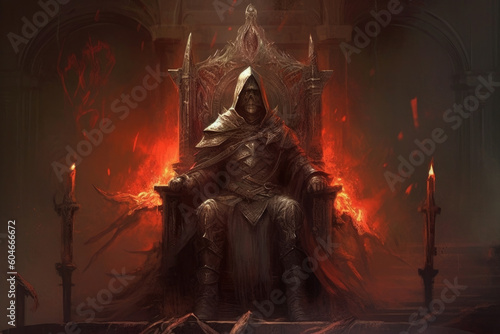 The king on a red throne from the lord  in the style of dark subject matter. Generative AI.