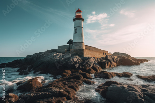 Captivating and serene, this landscape features a striking lighthouse against the vast sea. Ideal for travel, nature, and adventure themes. Generative AI Technology.
