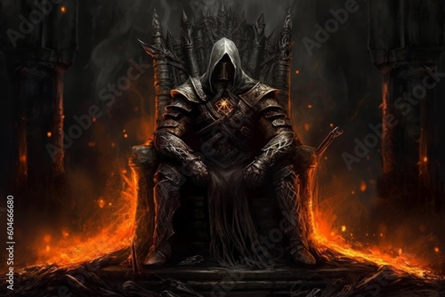 A man sitting on a throne in an abyss, in the style of darkerrorcore. Generative AI.