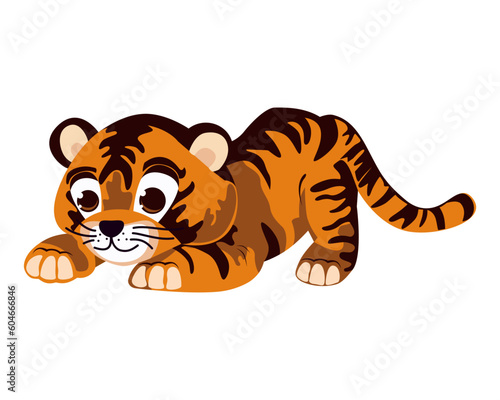 Fototapeta Naklejka Na Ścianę i Meble -  Tiger cub. Funny, cartoonish drawing of a little baby tiger. A playful, wild, predatory animal. Mammal of the feline family with bright red fur and stripes. Vector, graphics for print and web design